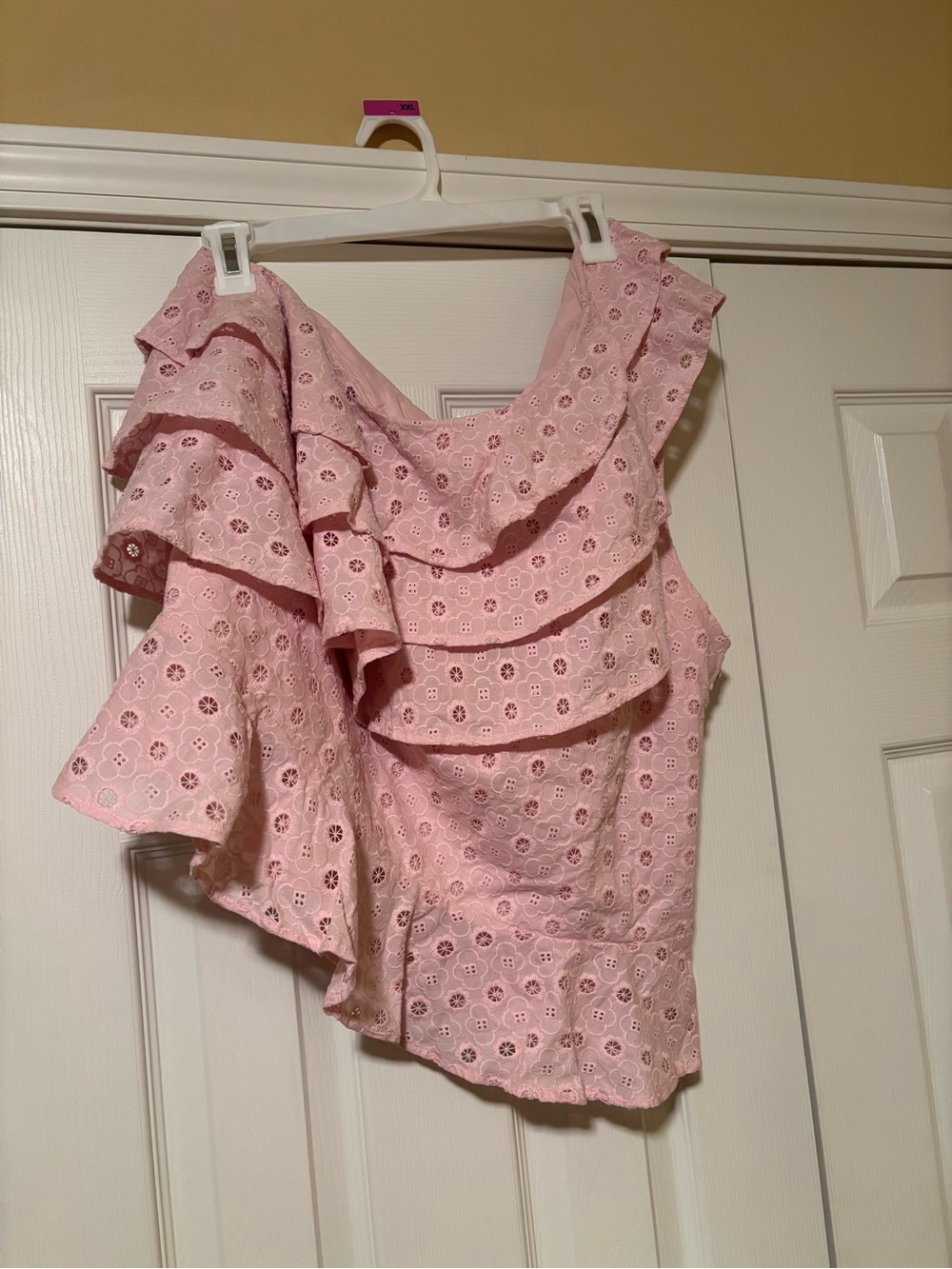 New York & Company Pink Eyelet One-Shoulder Ruffle Camisole